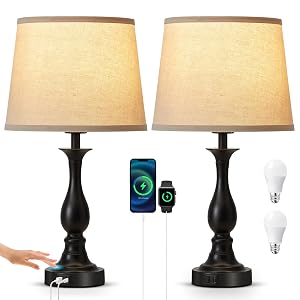 Bedside Table Lamp Touch Control Bedroom Lamps with USB A and C Charging Port 3 Way Dimmable Touch