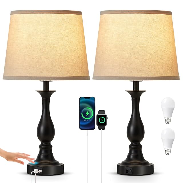 Bedside Table Lamp Touch Control Bedroom Lamps with USB A and C Charging Port 3 Way Dimmable Touch