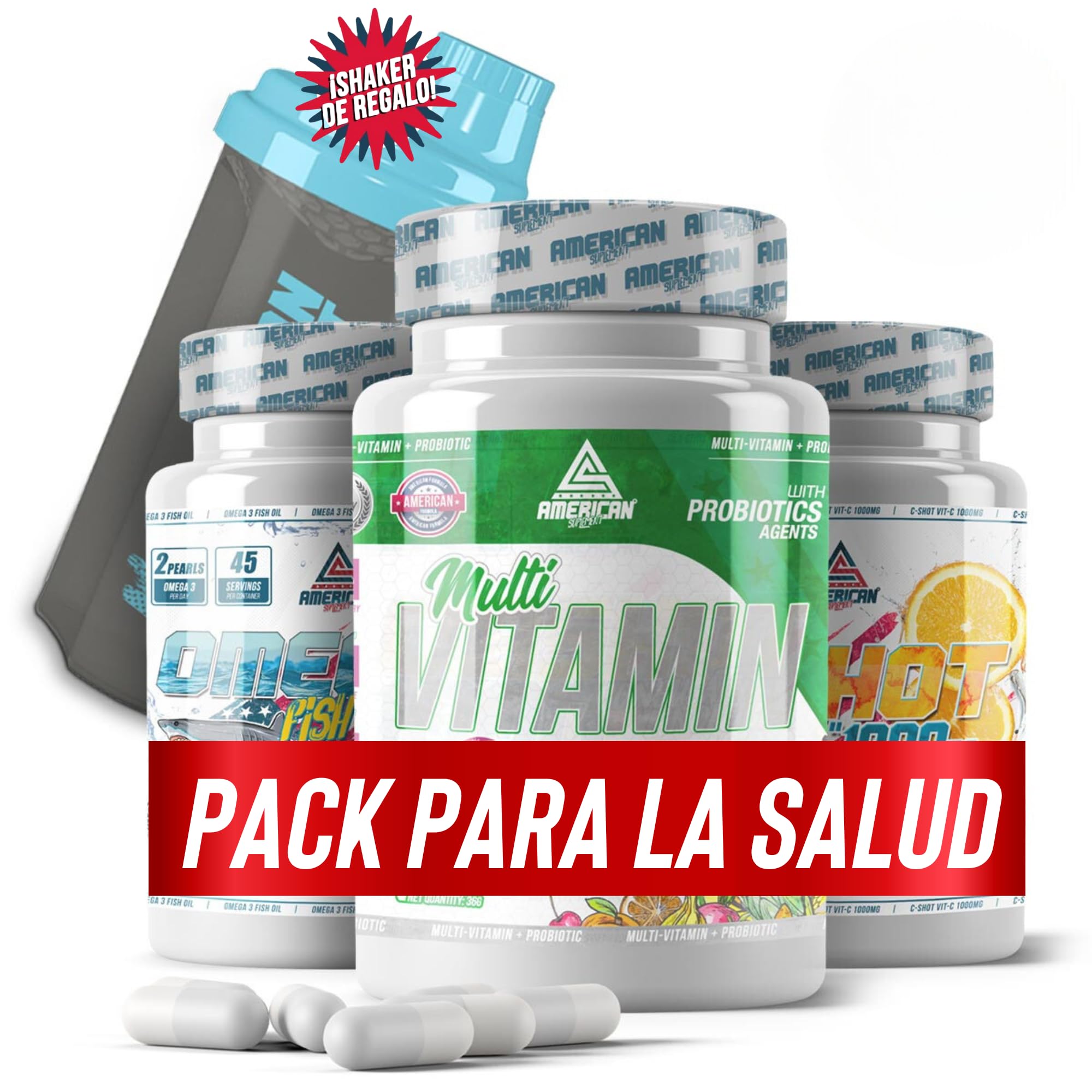 Pack de Salud, Bienestar y Vitalidad: Multivitaminas (60 cápsulas) + Omega 3 (90 cápsulas) + Vitamina C (120 cápsulas) | Beneficia al Sistema Cardiovascular | Shaker REGALO