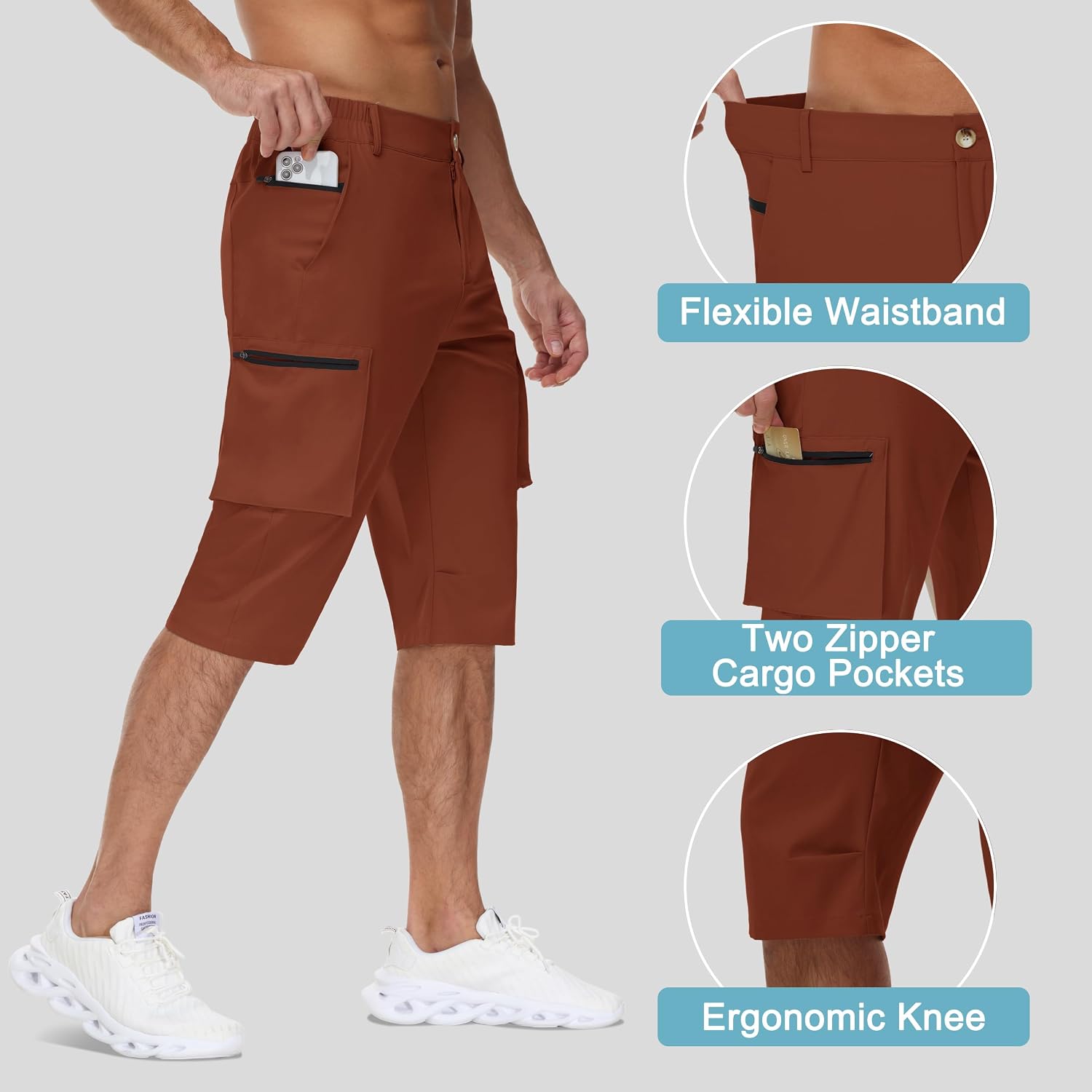 MIVEI Men's 15" Long Shorts Below Knee Capri Hiking Casual Cargo Short Zippers Pockets Quick Dry Lightweight Water Resistant