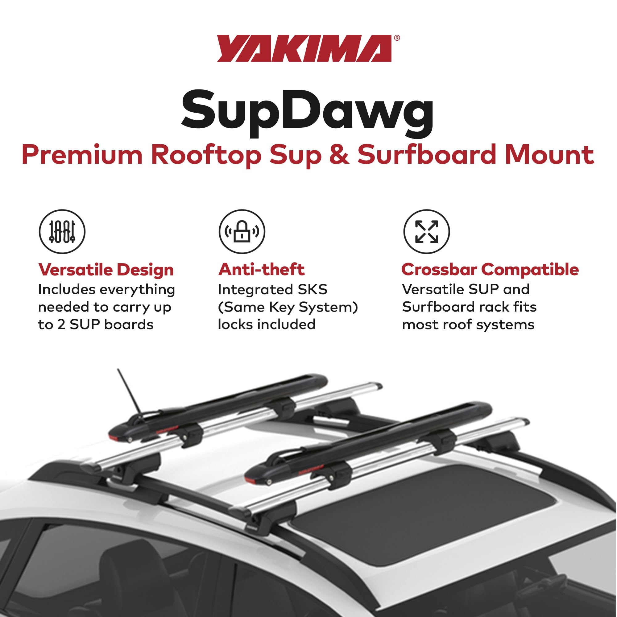 YAKIMA SUPDawg montowany na dachu stojak do paddleboardingu do pojazdów, pomieści do 2 desek