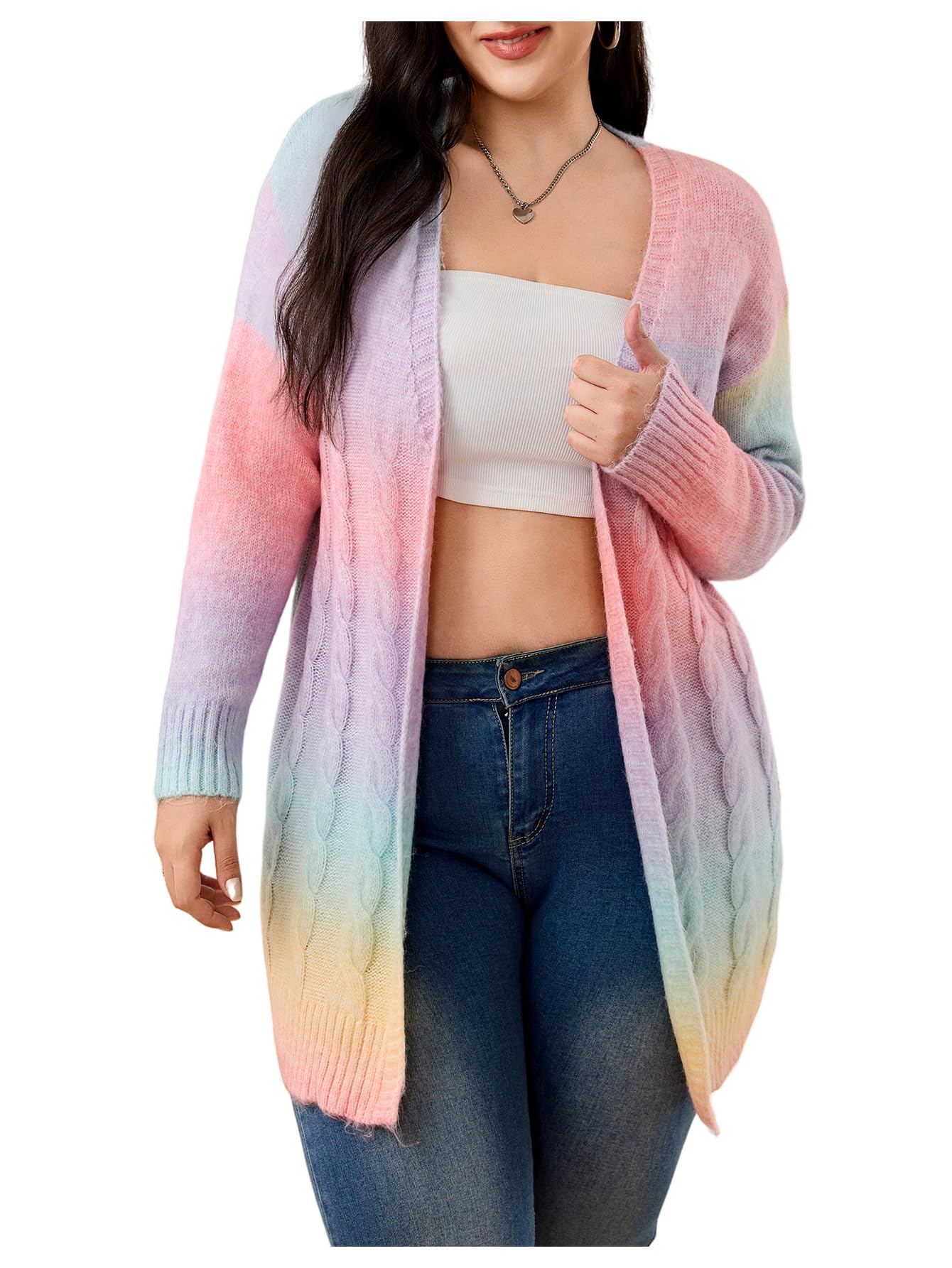 MakeMeChic Womens Plus Size Rainbow Colorful Cardigans Open Front Long Sleeve Knit Cardigan Sweater