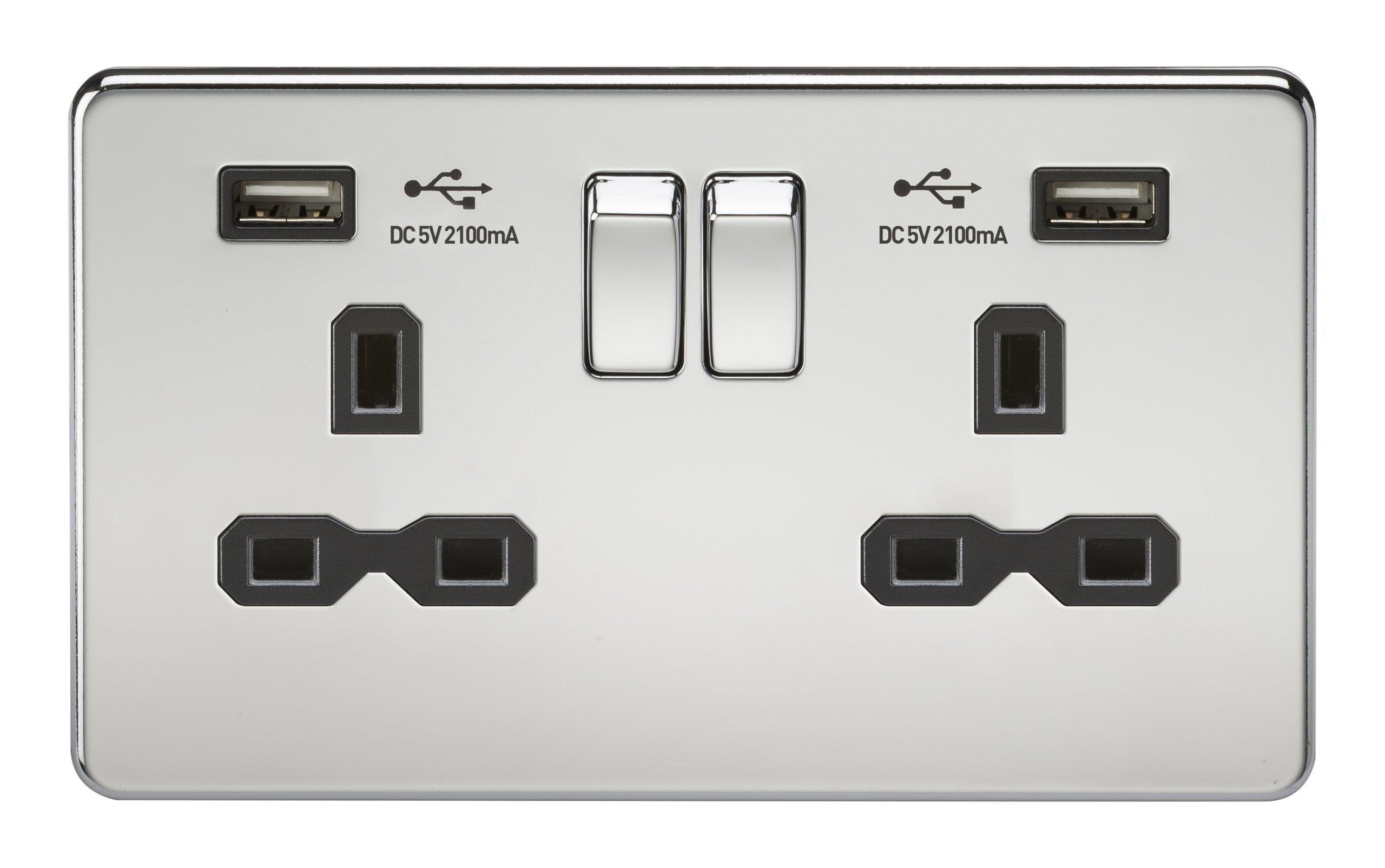 Knightsbridge Silver Sfr9902pc 13 A 2G Screw Less Polished Chrome Switched Socket With Black Insert And Dual Usb Charger,