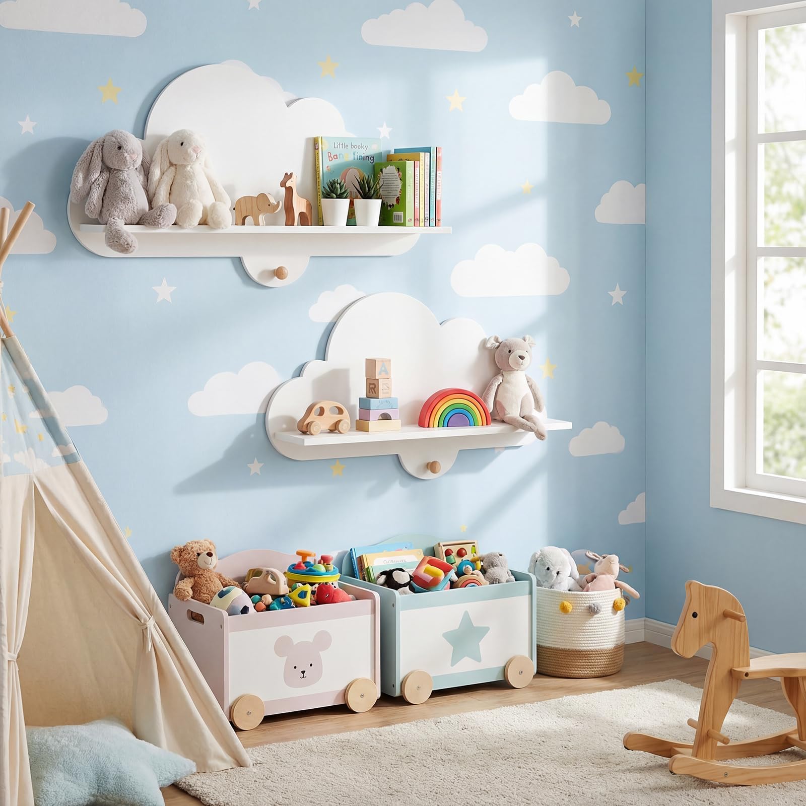 Costzon 2 Pieces Cloud Shelves, Wall Mounted Kids Bookshelf w/Hanging Hooks, Space Saving Floating Shelves for Kid's Room, Nursery, Playroom & Bedroom (Cloud)