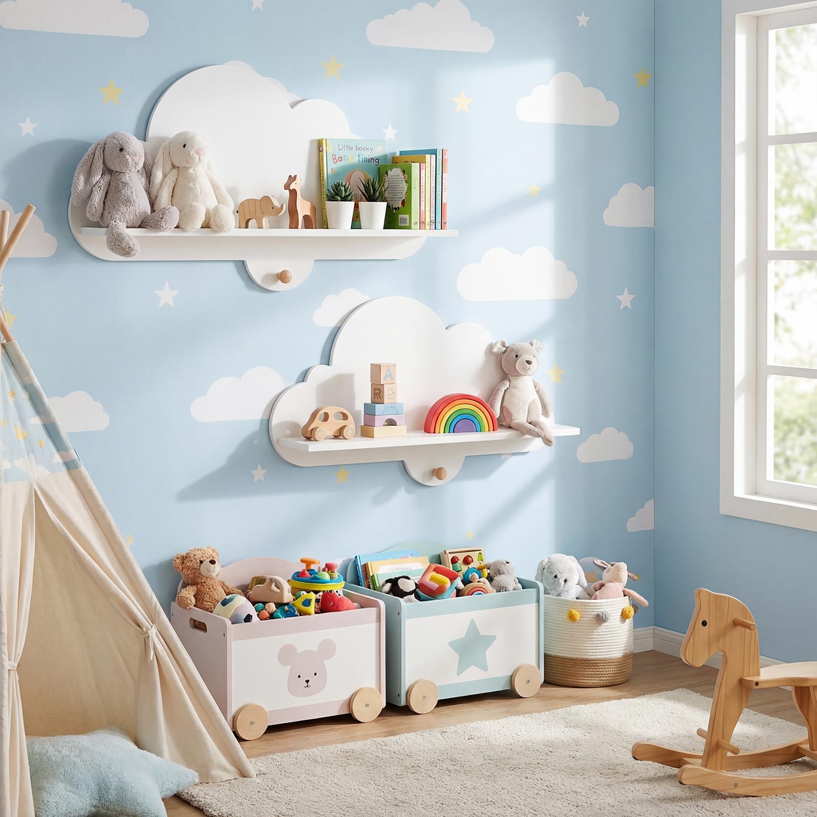 COSTWAY Set di 2 Mensole da Muro per Bambini, Libreria a Nuvole in Legno Massello con Ganci, Bianco