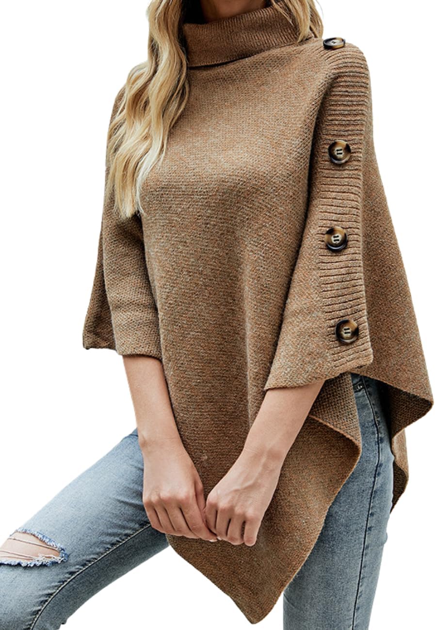 Ferand Women's Turtleneck Button Detail Poncho High Neck Asymmetrical Pullover Sweater for Fall Winter Outfits
