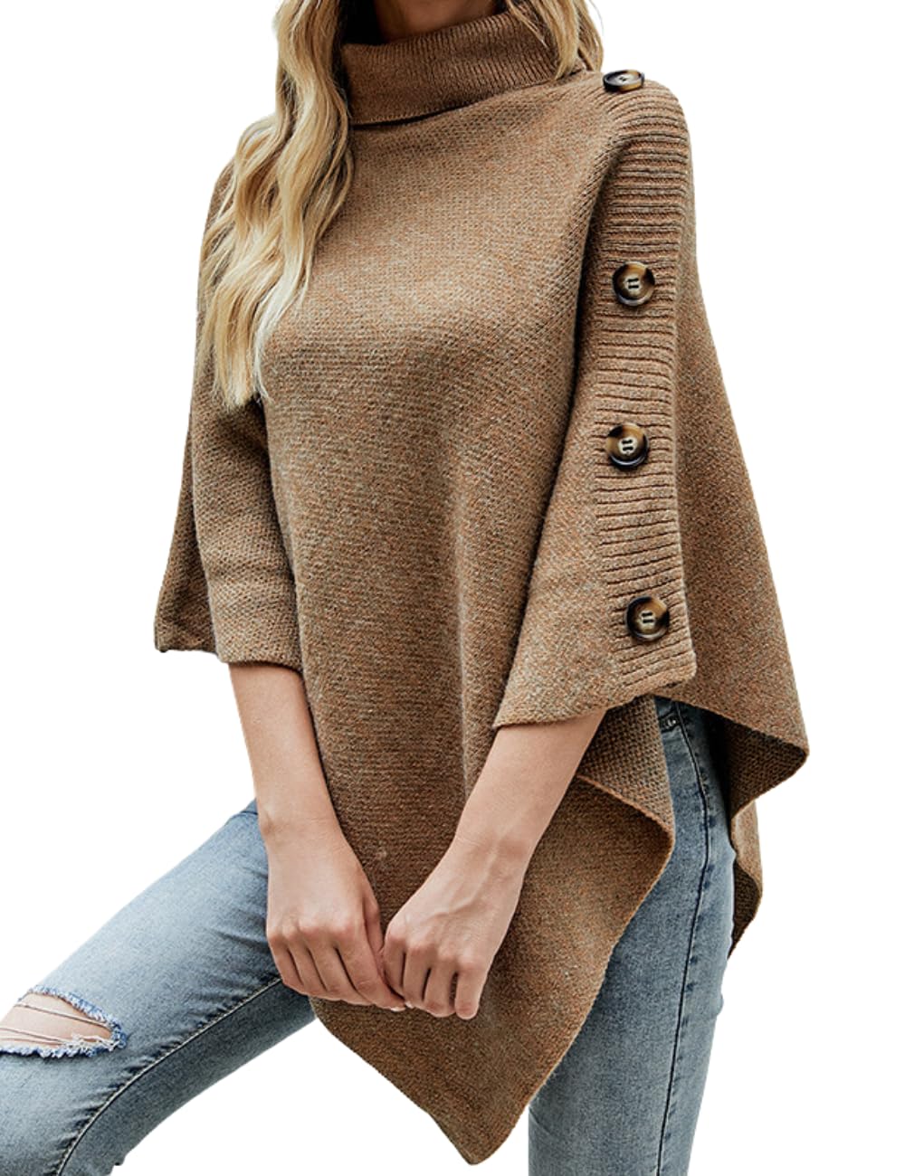 ferand Women's Turtleneck Button Detail Poncho High Neck Asymmetrical Pullover Sweater for Fall Winter Outfits-picture-34
