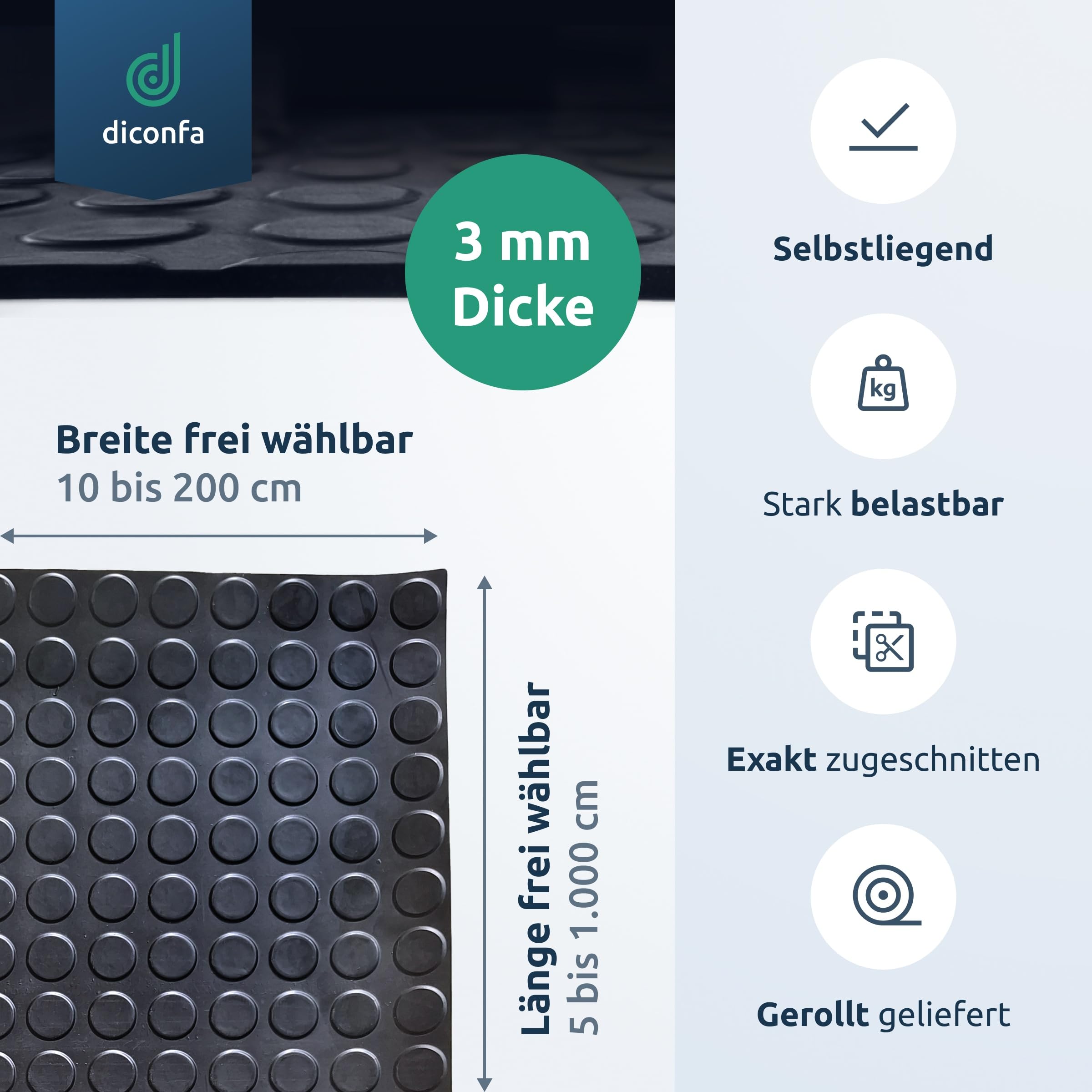 diconfa Noppenmatte Gummimatte 3mm GRÖSSE FREI EINGEBEN - BREITE 0,1m bis 2m - LÄNGE 0,1m bis 10m - Antirutschmatte Haus Werkstatt Garage Industrie - (100 bis 120cm BREIT, 950 bis 1000cm LANG)