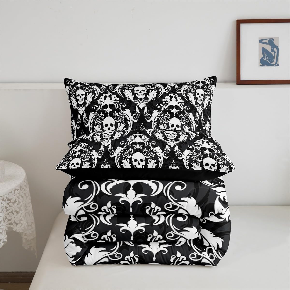 Feelyou Sugar Skull Bedding Set for Kids Boys Girls White Black Damask Floral Comforter Set Queen Size Vintage Jacquard Duvet Quilt Bedroom Decor Breathable Soft Microfiber Exotic Floral 3Pcs