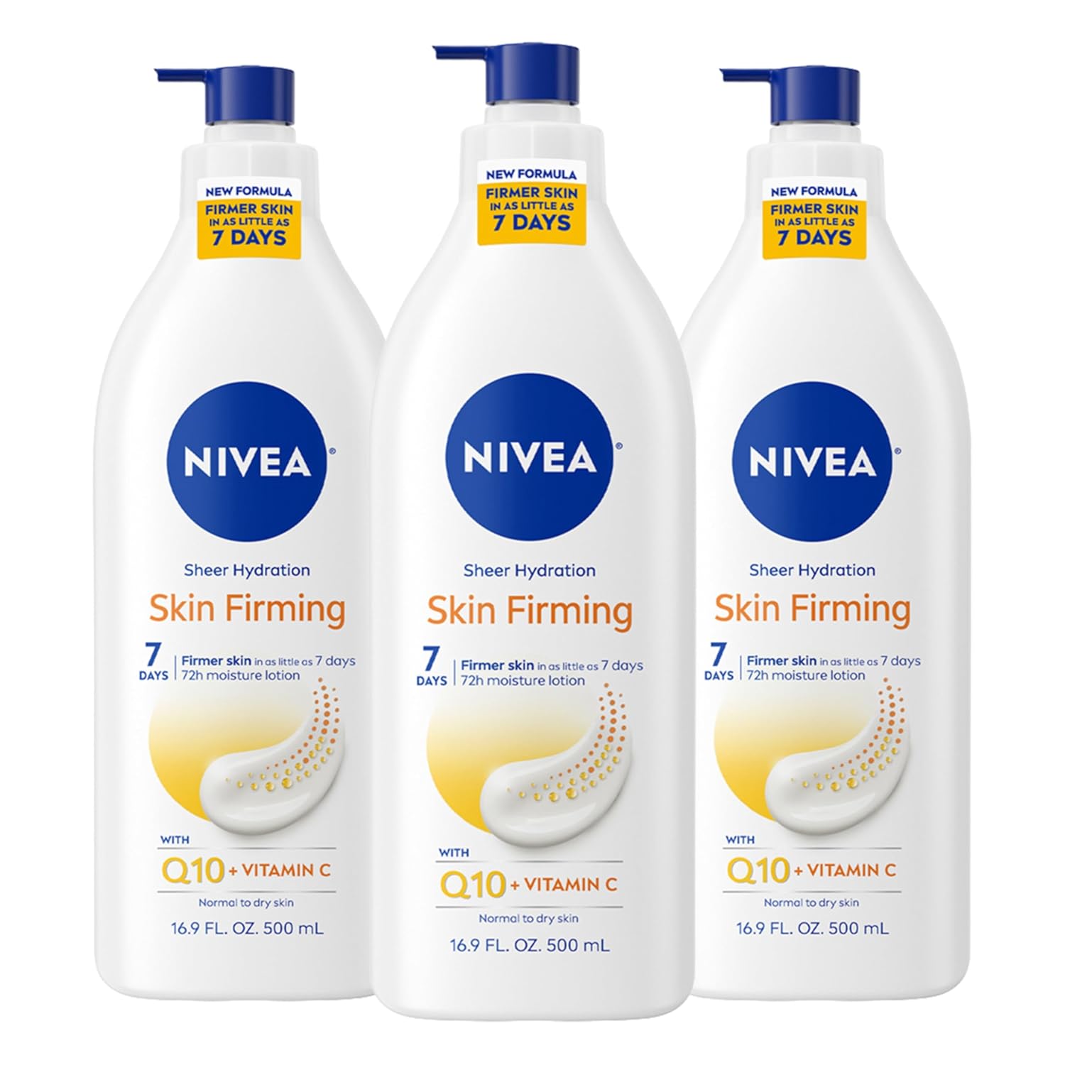 NIVEA Sheer Hydration Skin Firming Body Lotion with Q10 and Vitamin C, 72-Hour Body Moisturizer for Normal to Dry Skin, 16.9 Fl Oz Pump Bottle, Pack of 3