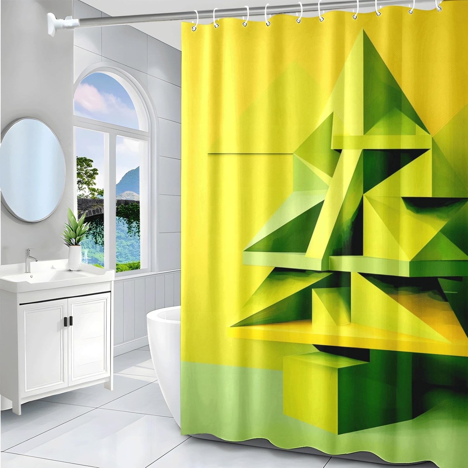 Tenda Doccia Geometrico Giallo Verde Tenda Doccia Antimuffa Impermeabile Poliestere Lavabile con 12 Ganci Facile da Installare Tende Finestra Bagno per Dormitorio Hotel(180x220cm)