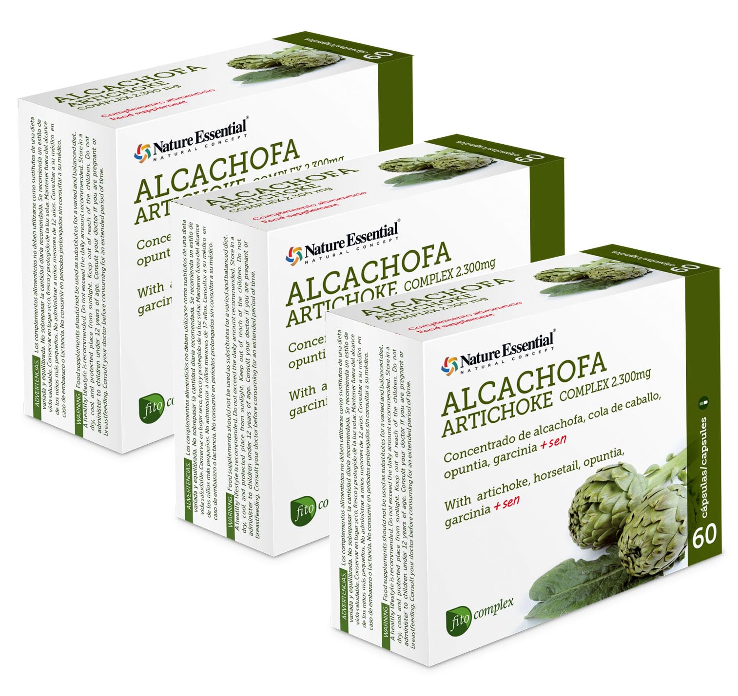 Nature Essential | Alcachofa Complex 2.300 mg | 60 Cápsulas | 3 Unidades | Con Cola de Caballo, Opuntia, Garcinia Cambogia y Sen | Ayuda a Mejorar Molestias Digestivas | Diurético | Antioxidante.