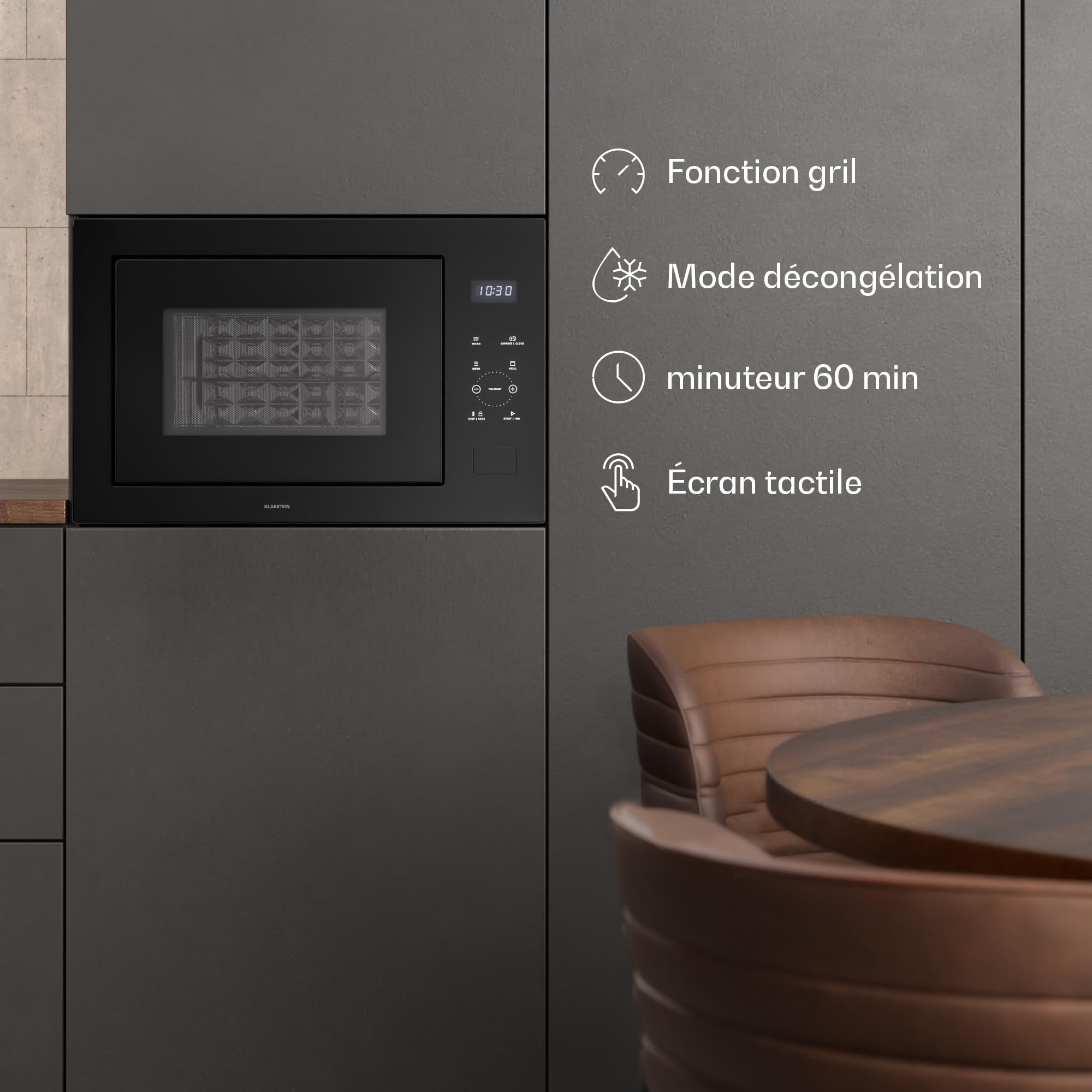 Klarstein Velaire Micro Onde Encastrable 25 Litres avec Grill – 850W, 1200W Grill, 8 Programmes, Commande Tactile, Acier Inox, Plateau 31,5cm – Micro-ondes Encastrable, Noir