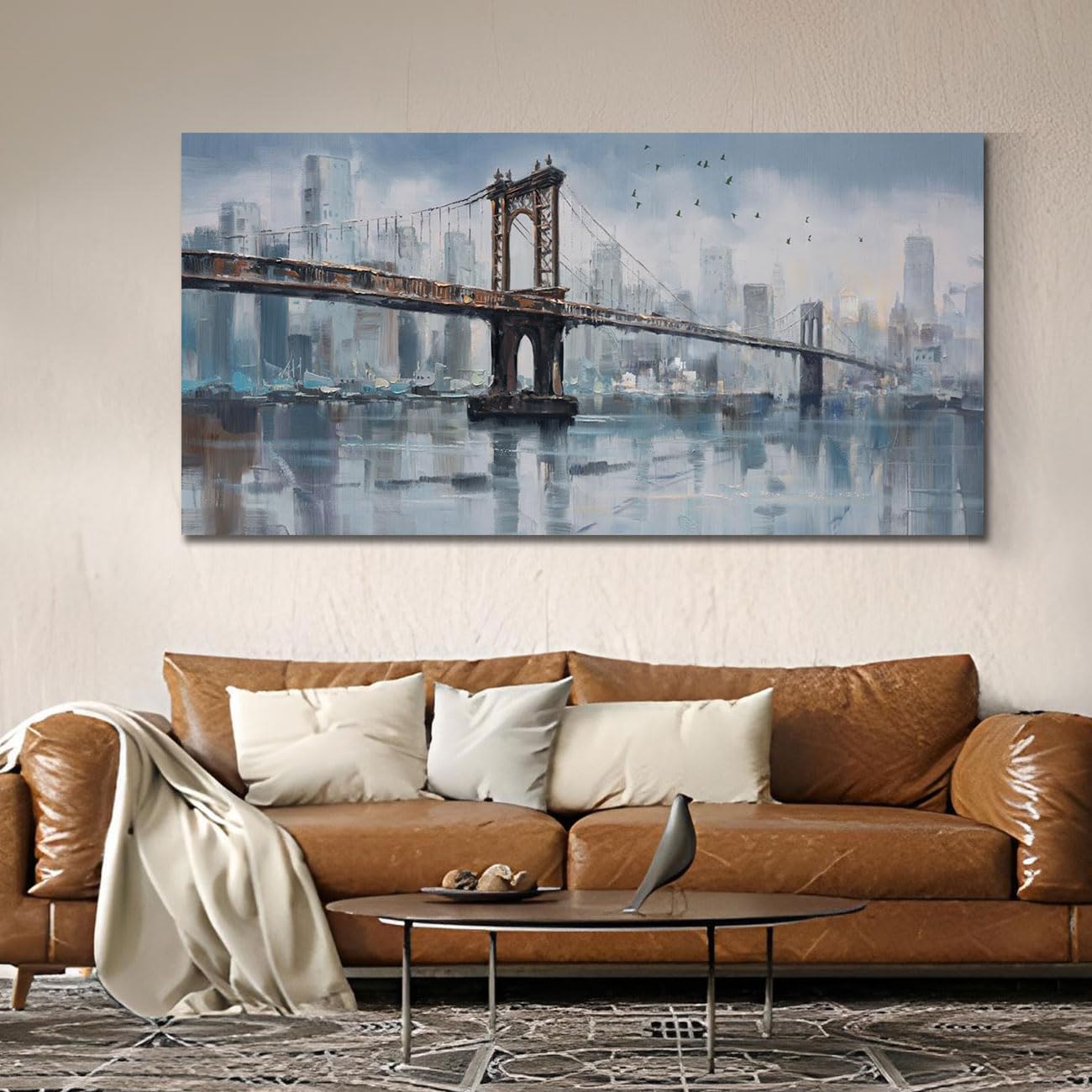 Enartly Brooklyn Bridge Wall Art Canvas Abstract Skyline New York City Painting Modern Bridge Colorful NYC Picture Framed for Bedroom Bathroom Living Room Home Office Wall Decor Large Size 48"x24" 48L" x 24W" Grey Blue NYC