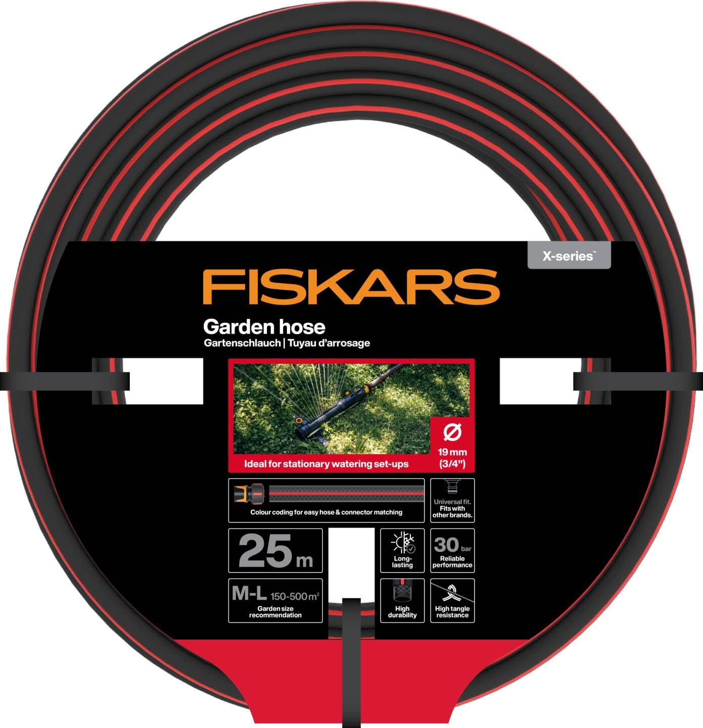 Fiskars Tubo da Giardino M-L, Serie X, Tubo per Sistemi di Irrigazione | 19 mm (3/4"), Lunghezza: 25 m, Attacco Universale, Protetto dai Raggi UV e dal Gelo, Resistente alla Torsione, Rosso, 1076047
