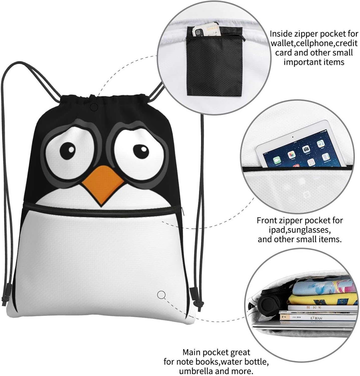 Famame Funny Penguin Face Drawstring Backpack String Bag Sackpack For Gym Shopping Beach Sport Yoga
