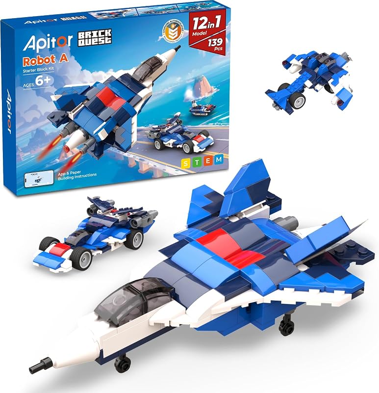 12-in-1 STEM Building Blocks Kit for Kids Ages 4-8 139 Pcs | Creative Construction Toy with Digital App & Paper Manual | Fighter Jet Model Build Robot DIY Activity Toy for Ages 6+ Years