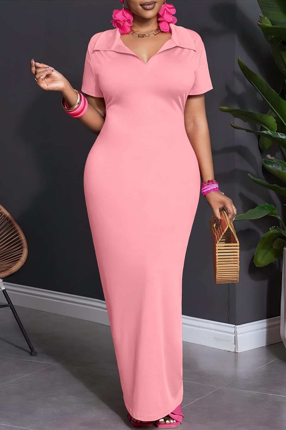 FANDEE Women's Bodycon Maxi Dress, Casual Polo Collar V-Neck Short Sleeve Party Holiday Elegant Long Dresses - Image 4