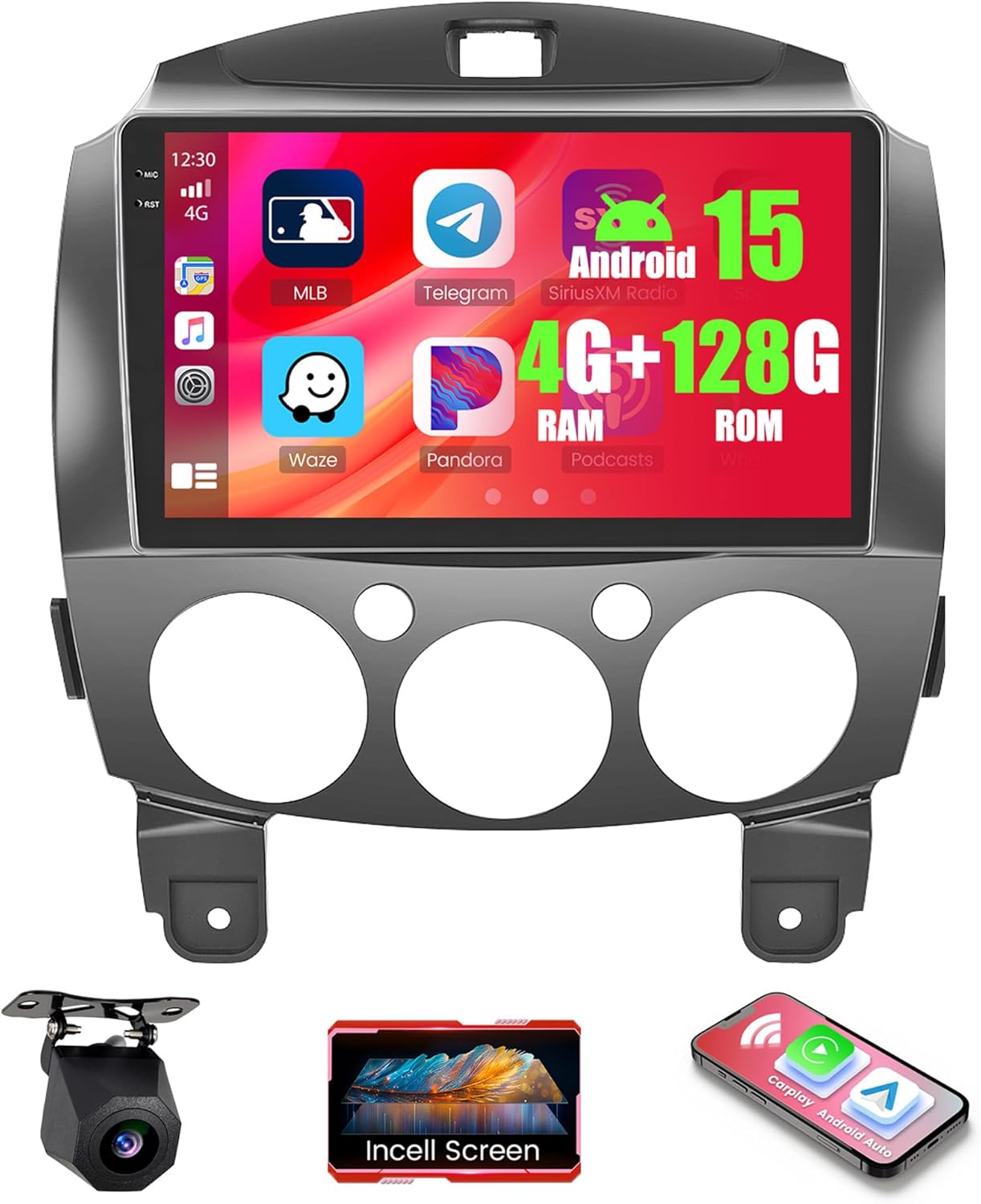 4+128GB Android 15 Car Radio for Mazda 2 2007-2014 Wireless Carplay Android Auto, 9" 1280 * 720P in-Cell Touch Screen Stereo WiFi Bluetooth GPS FM/RDS EQ Backup Camera