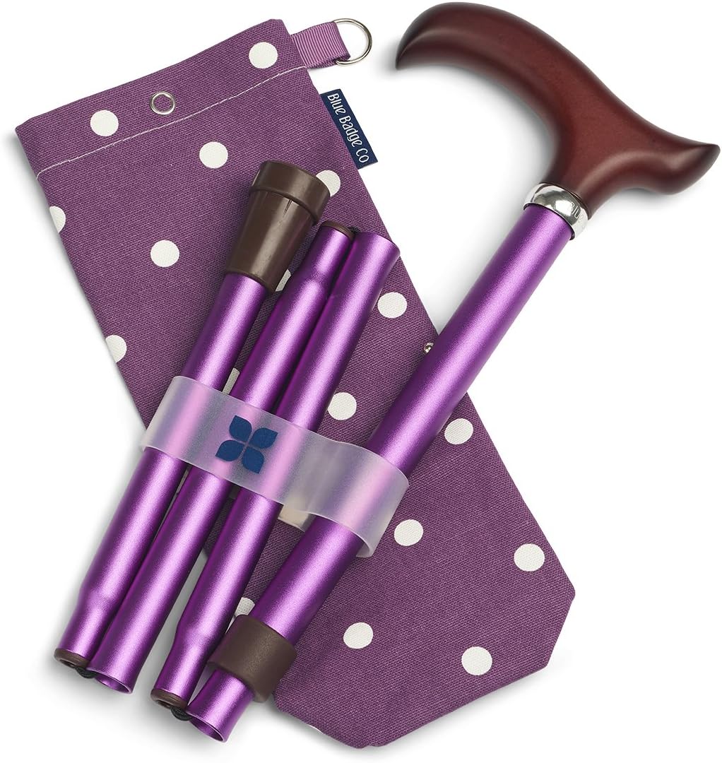 Lightweight Durable Adjustable Folding Walking Stick in Purple & Stylish Storage Bag in Purple Spotty from Blue Badge Co