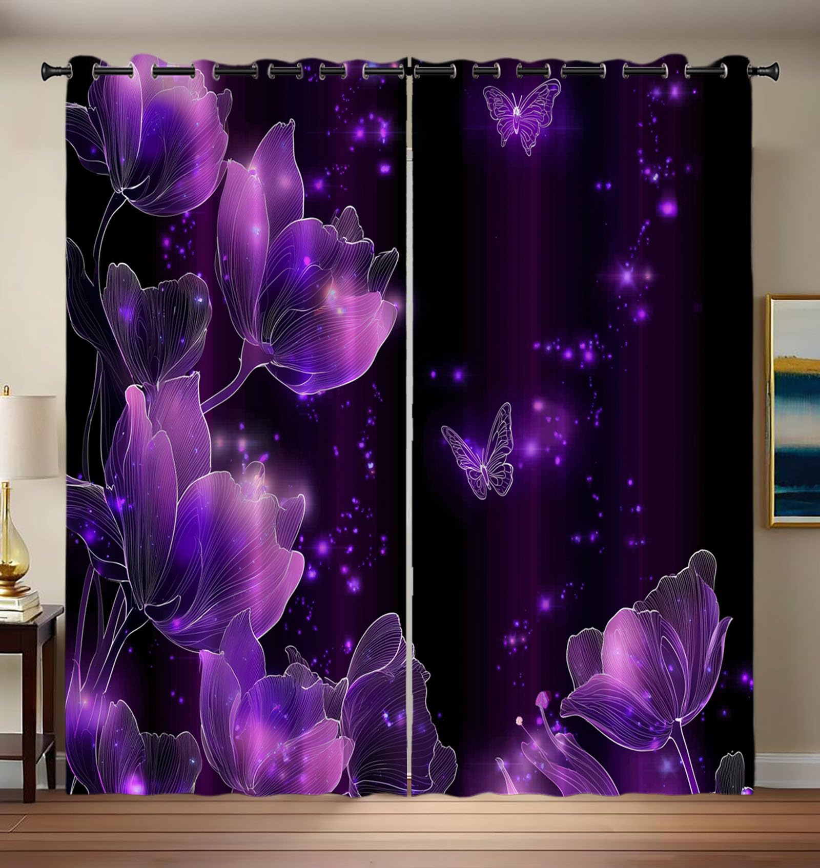Rideau occultant violet 140x160 lot de 2 avec motifs de fleurs et papillons