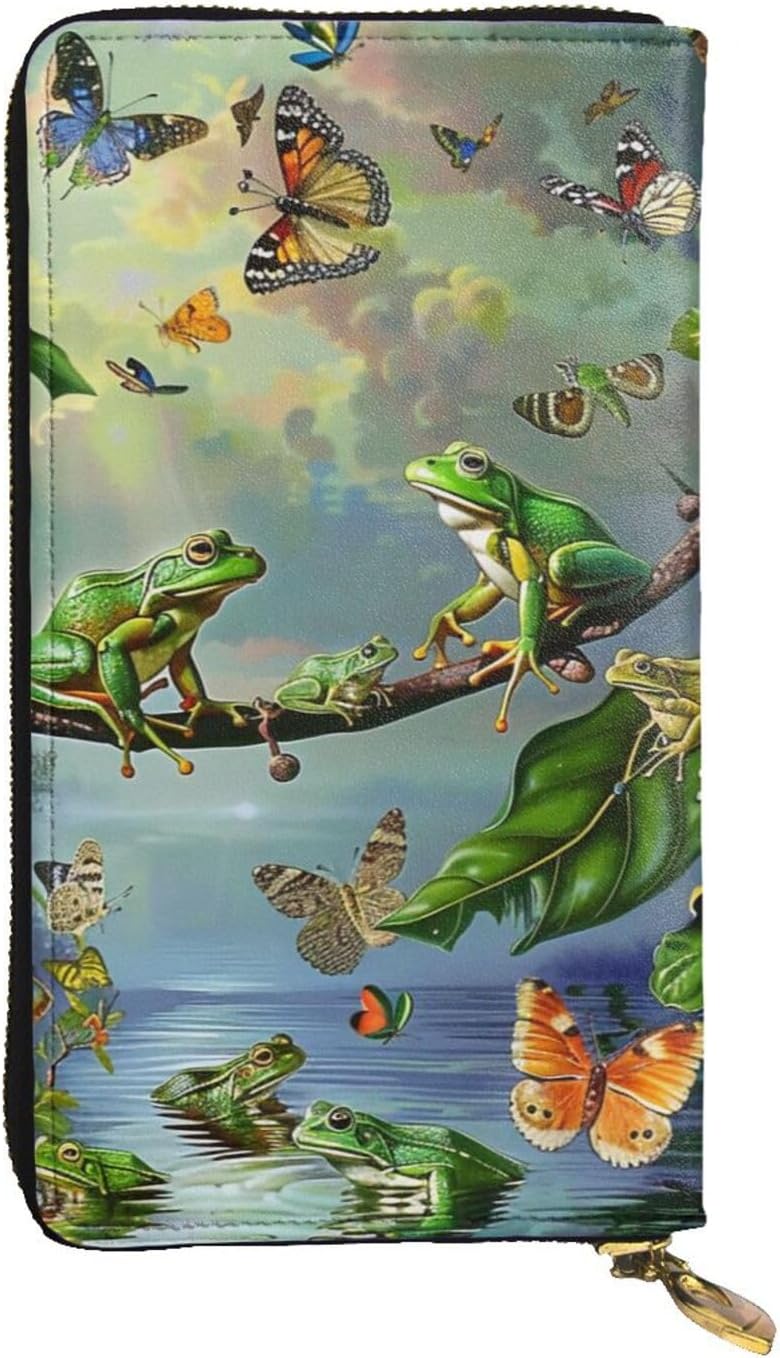Many Frogs Sing on The Branches Summer Butterflies Printed Long Wallet for Women Men Cute PU Leather Wallet with Coin Purse and Credit Card Holder
