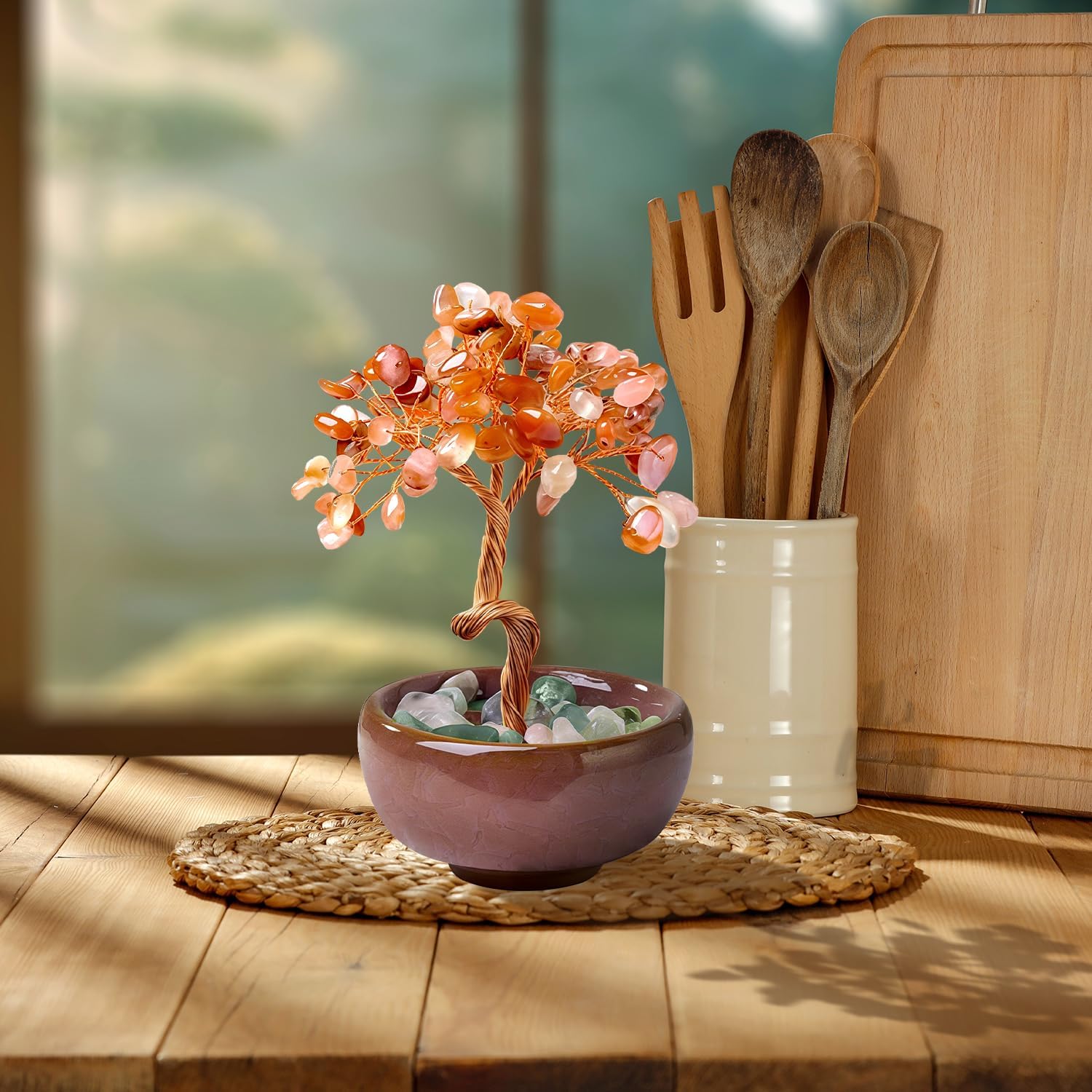 Red Agate Crystal Tree of Life - Handmade Rose Quartz Gemstone Tree Sculpture for Home Office Desk Decor, Unique Gift Idea for Women