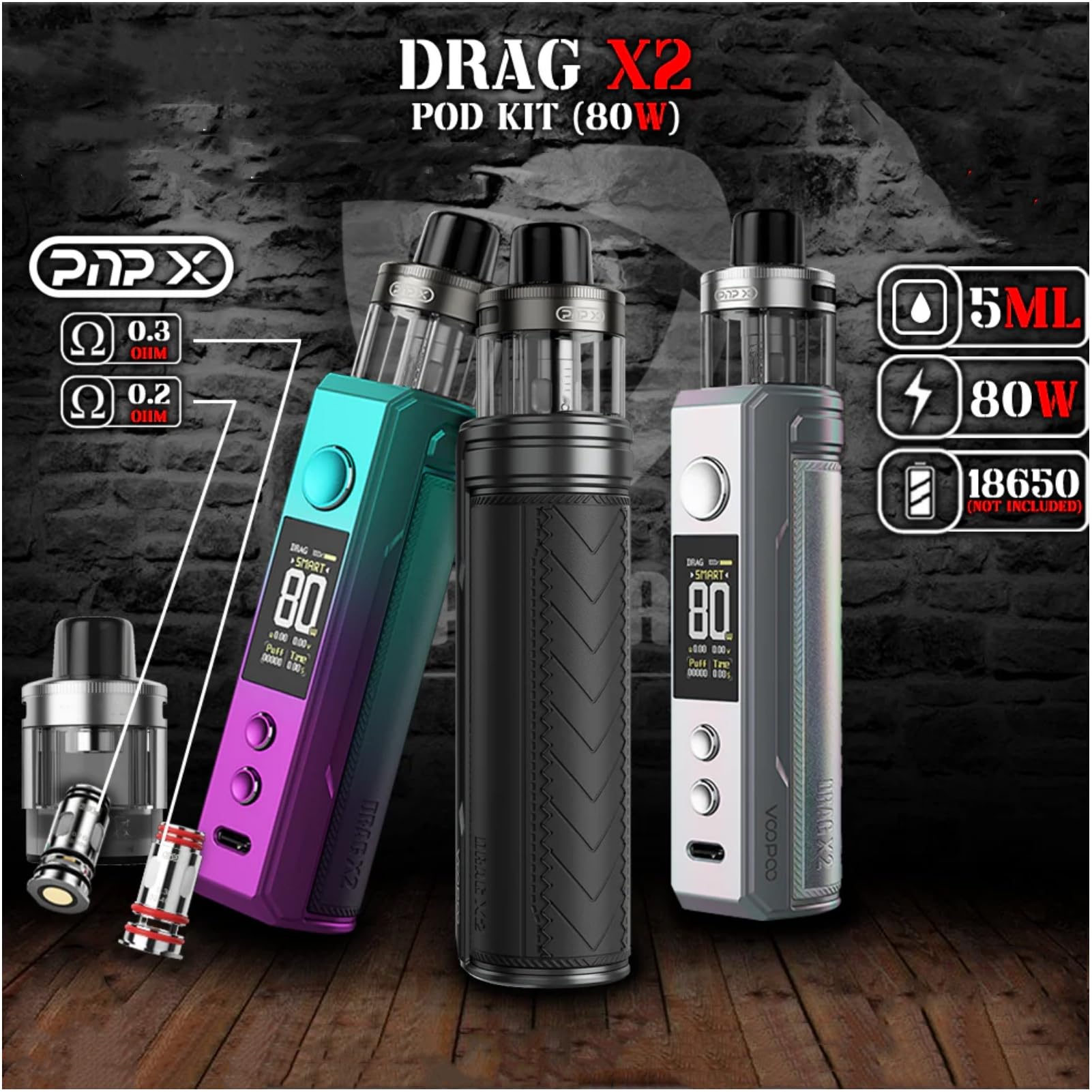For VOOPOO Drag X2 Kit 80 W (Métal Gris) 5 ML Cartouche Vide PnP X Pod