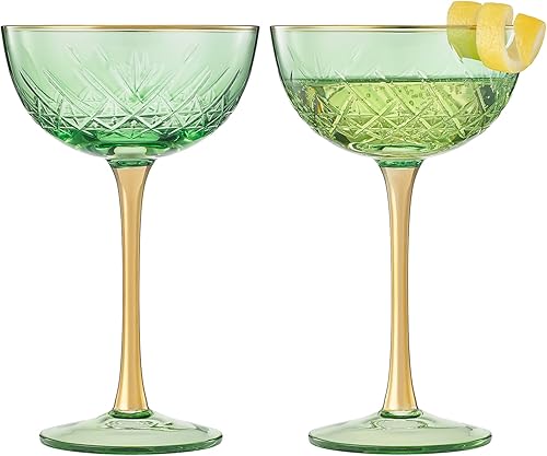 Vista 30 de Vintage Art Deco Coupe for Champagne, Martini, Cocktails Set of 2 7 oz Classic Cocktail Glassware - Manhattan, Cosmopolitan, Sidecar, Crystal