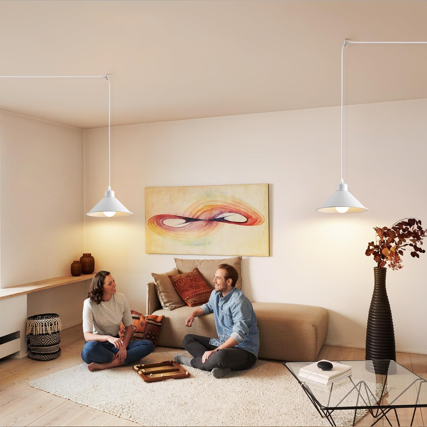 8.2IN Plug in Pendant Light, 2 Pack Industrial Hanging Lamp White Vintage Pendant Lighting Fixtures with 15ft Cord On/Off Switch for Kitchen Island Dinning