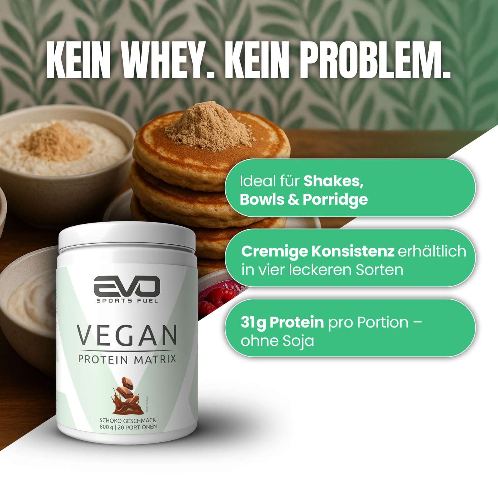 EVO SPORTS FUEL Veganes Proteinpulver Matrix | Schoko | 800g | Eiweißpulver mit 3g Leucin pro Portion für eine maximale Proteinsynthese | geprüfte Qualität | Made in Germany