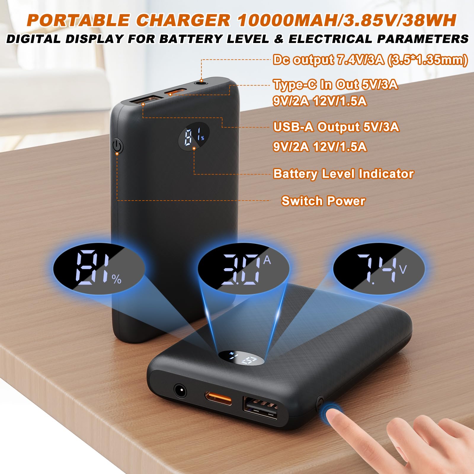 Amiable Batteria per Giacca Riscaldata 10000mAh,7.4V / 5V Power Bank Ricaricabile per Gilet Riscaldato e Giubbotto Riscaldante con Display LCD,Compatibile con iPhone iPad Samsung Tablet, Ecc