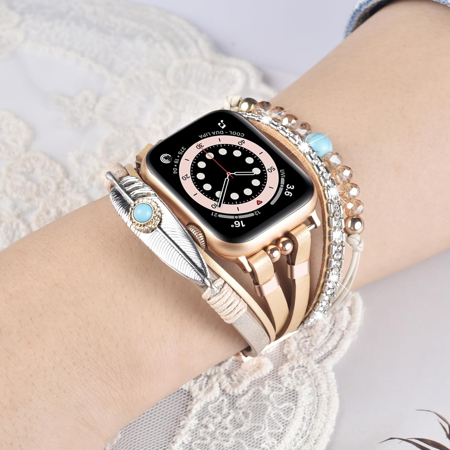 VISOOM Beaded Boho Bracelet CompatibleB For Apple Watch Bands Women 46/45/44/42mm,Posh Multilayer Fashion Handmade Leather Wrap For iPhone iWatch Apple Watch Series 10 9 8 SE 7 6 5 4 3 2 1