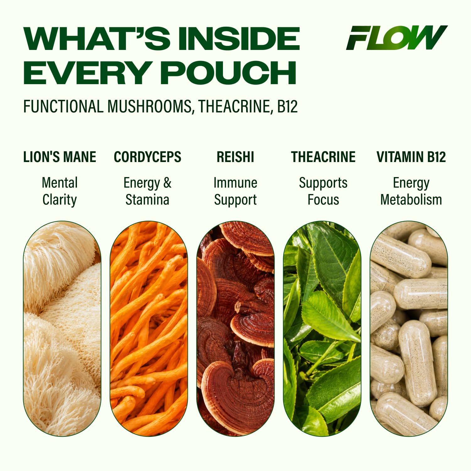 Flow Pouches Mushroom Nootropic Pouches, 600mg Lion's Mane Reishi Cordyceps Energy Pouches for Focus and Clean Energy, Caffeine Free Sugar Free Nicotine Free, Now Made in USA (5 Cans, Sour Apple) — Amazon image 6