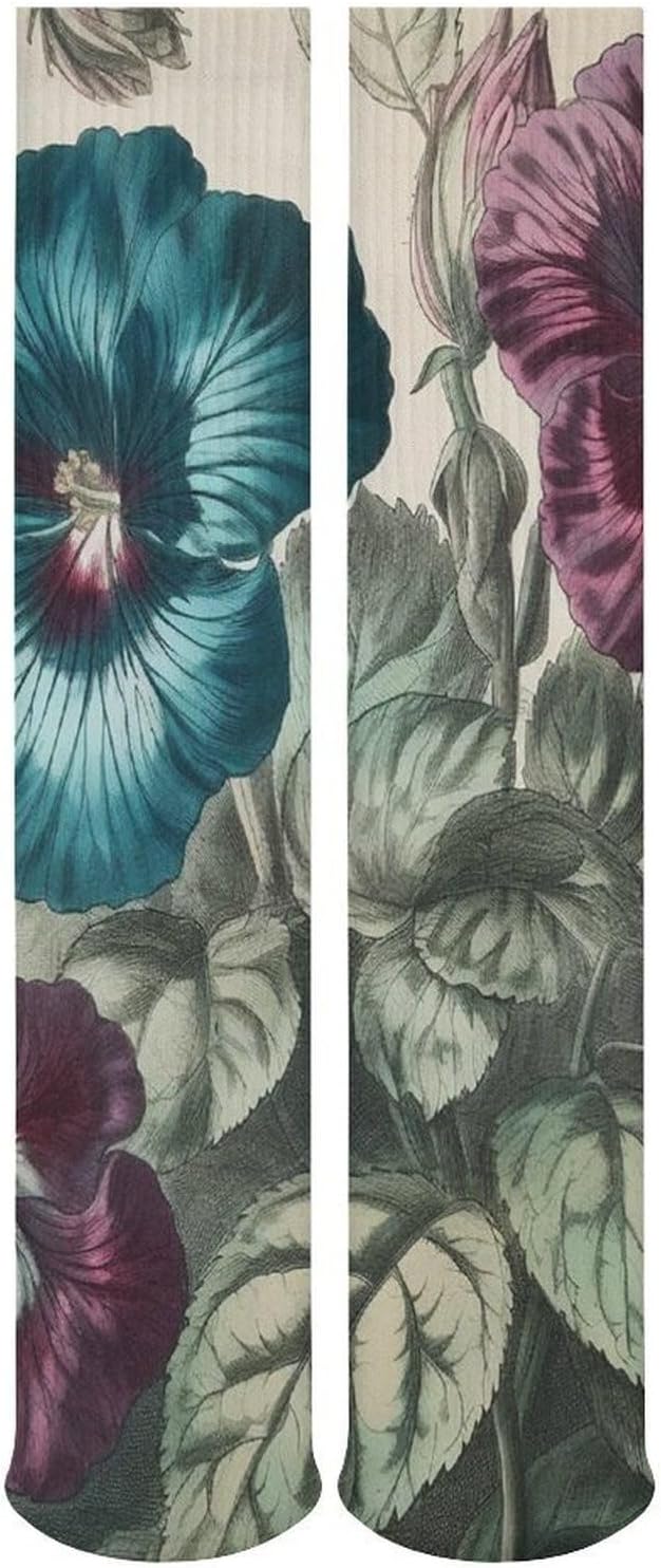 Breathable Crew Sock, Moisture Wicking, Athletic Calf Socks, Cozy | Three Flowers Painting Compression Socks for Women Men, Lightweight High Work Socks for Business, Casual