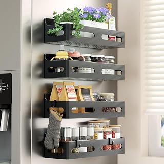 Sevenblue 4-Pack Magnetic Spice Racks for Fridge - Strong Magnets Hold 11lbs, 12 Jars + 4 Hooks, Black Kitchen Organizer