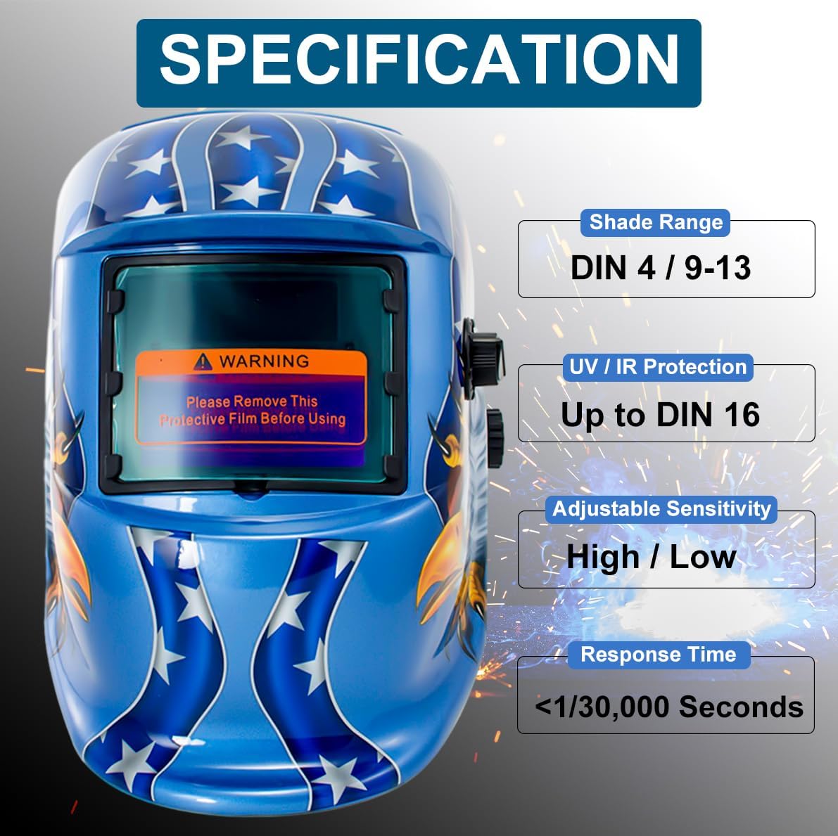 Solar Auto Darkening Welding Helmet Arc Tig Mig Grinding Mask with Test Function & Low Battery Alarm Function American Eagle Design USA (Blue)