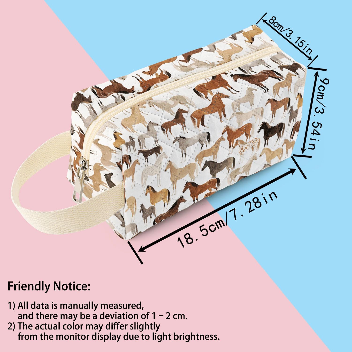 Horses Printed Quilted Makeup Bag for Women - Velvety Polyester Cosmetic Organizer w/Triple Compartments, Travel & Makeup Brush Holder - Image 2