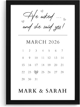 Beecreative Engagement Gift A5 A4 Print And Frame, Personalised Engagement He Asked She Said Yes Date Gift