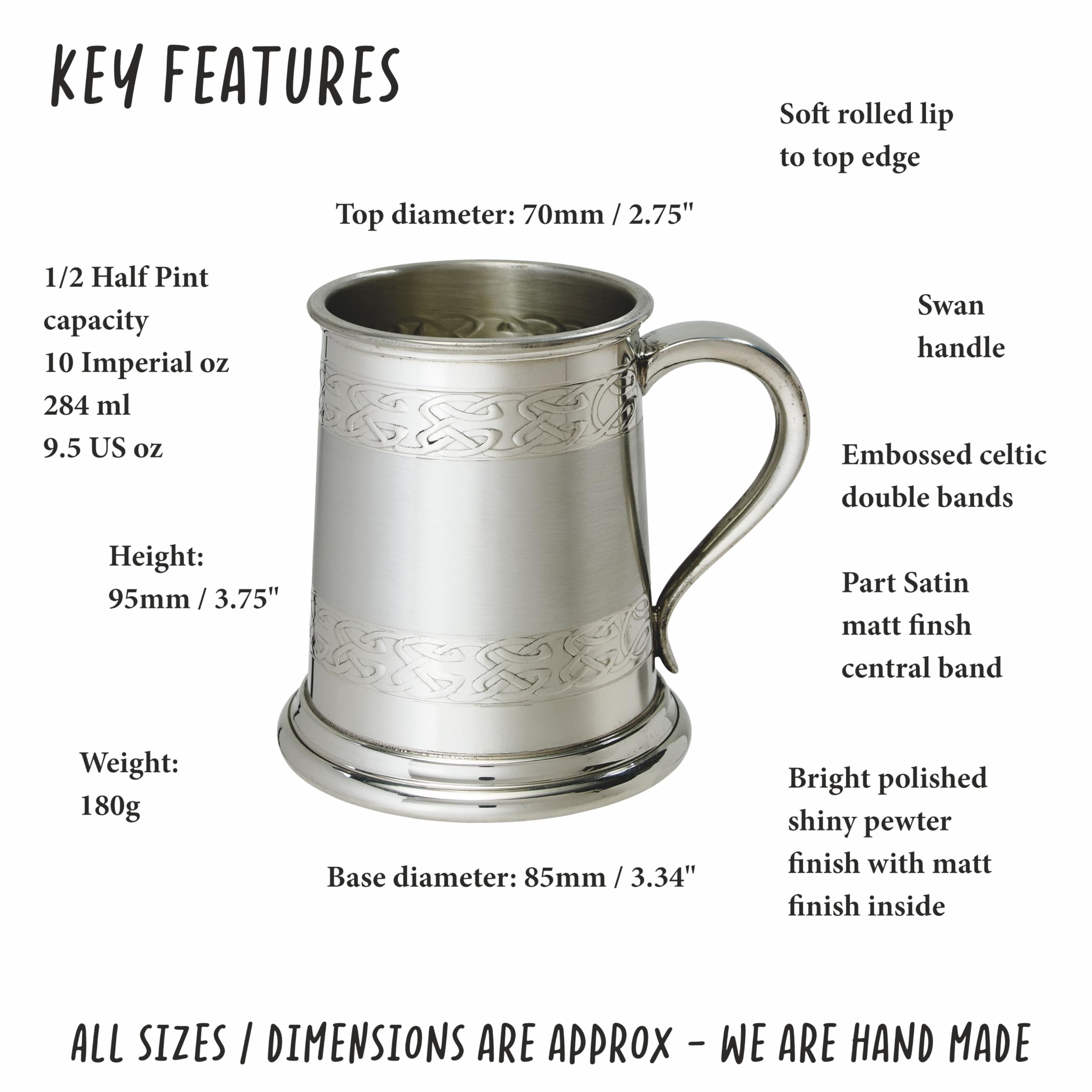Wentworth Pewter Chope en étain avec bande celtique en relief - Chope à bière traditionnelle avec nœud celtique décoratif - Gravure personnalisée disponible (avec gravure)