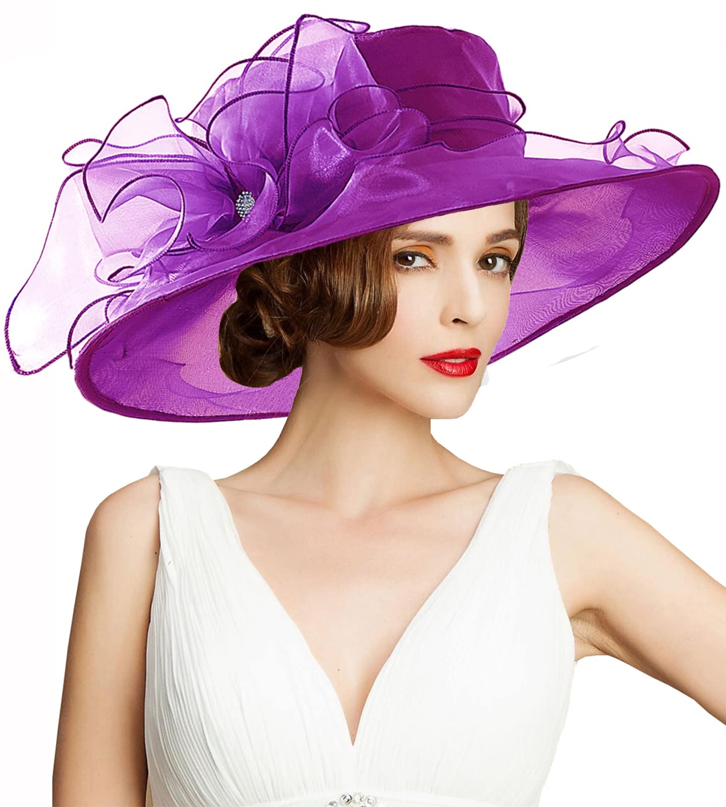 TLMNU Organza Fascinator Hat - Women's Wide Brim Church Bridal Tea Party Wedding Hat, 02brightpurple, One Size