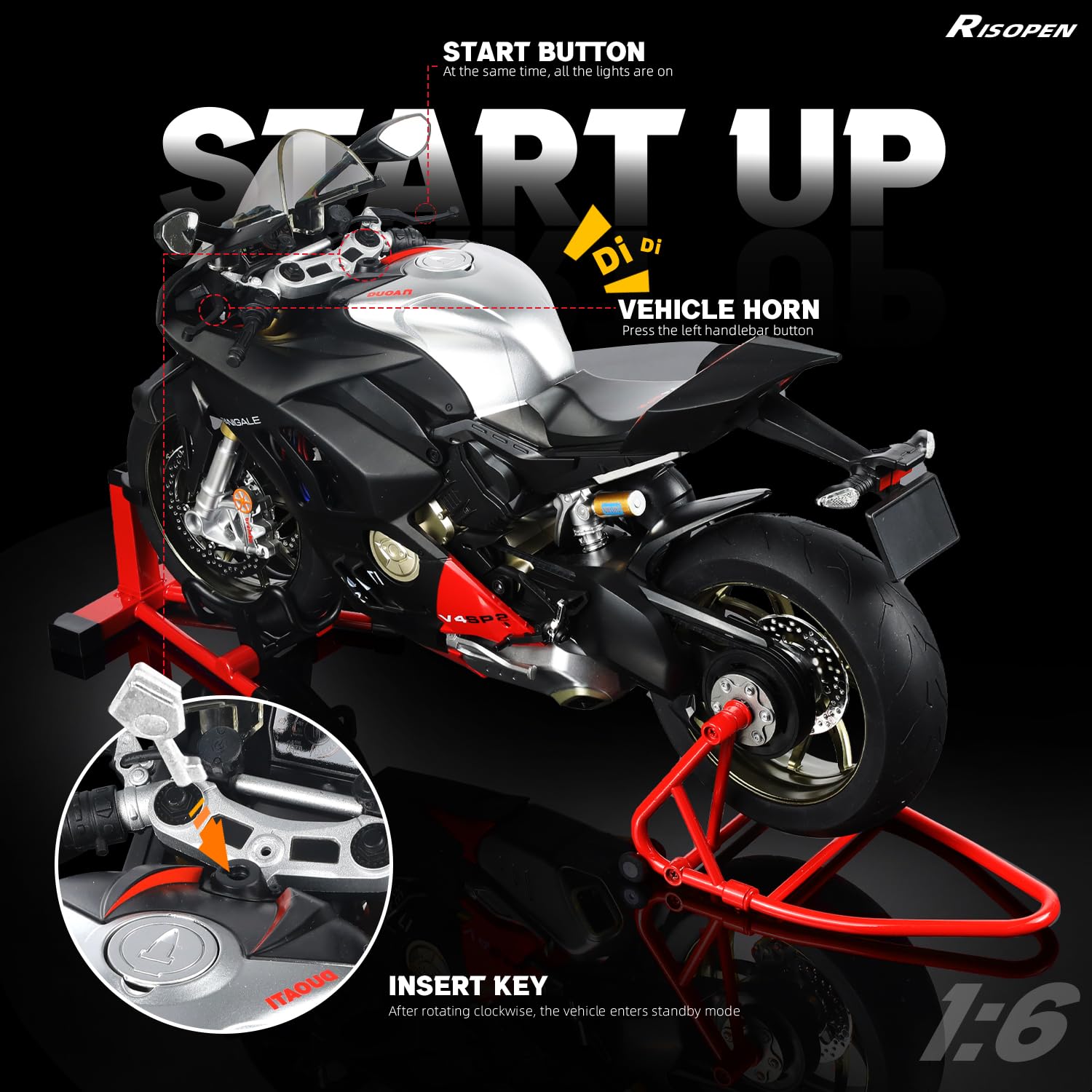 1:6 Motorrad-Modell passend für die Ducati Panigale V4 SP2 | Wasserspray Auspuff Startgeräusch Licht per Schlüsseldreh befüllbarer Wassertank für 12-Zoll-Puppen ideal für Sammler
