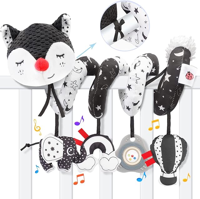 Baby Pram Toys for 0-6 Months - Black and White Sensory Toys Spiral Buggy/Pushchair Stroller/Carseat/Crib Toy Bar Spiral Activity Hanging Toy High Contrast Toy for Infant 0 3 6 9 12 Month Boys Girls