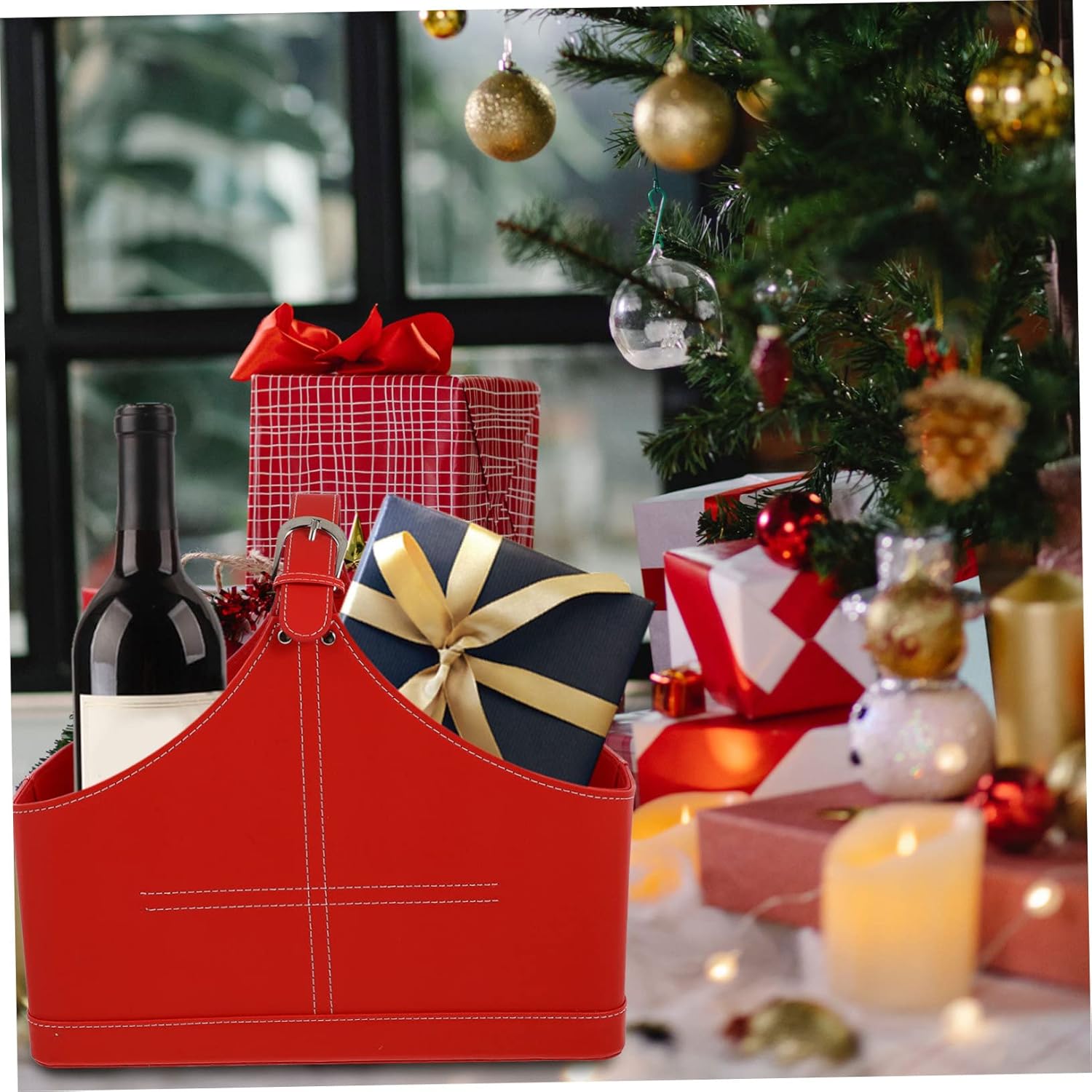 1pc Pu Leather Christmas Handbag Storage Basket Handles for Party Supplies Design for Treats and Presents
