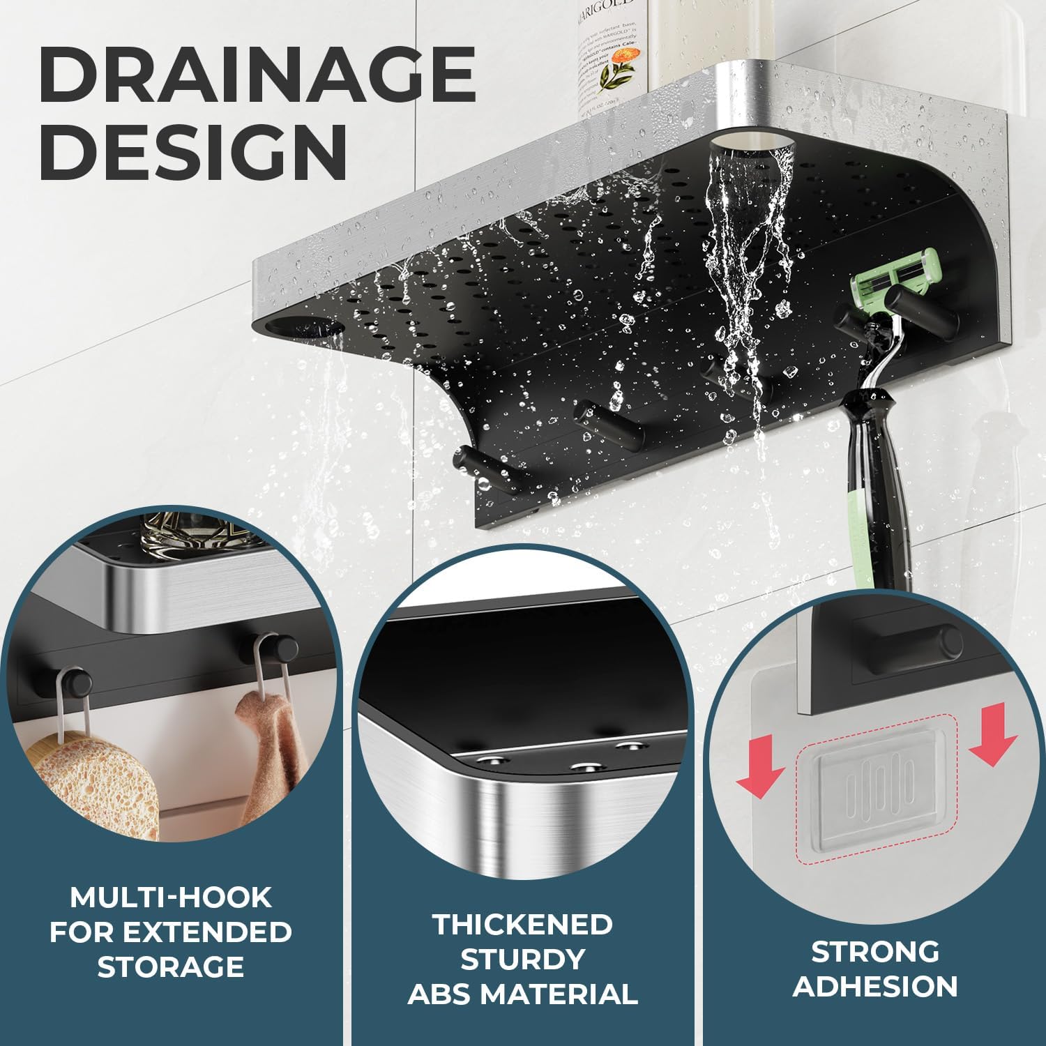 2 Pack Shower Caddy Adhesive, Shower Shelve for Inside Shower, Bathroom Organizers and Storage for Accessories Holder, Rustproof Bathroom Wall Shower Rack Organize with 5 Hooks, No-drill, Silver