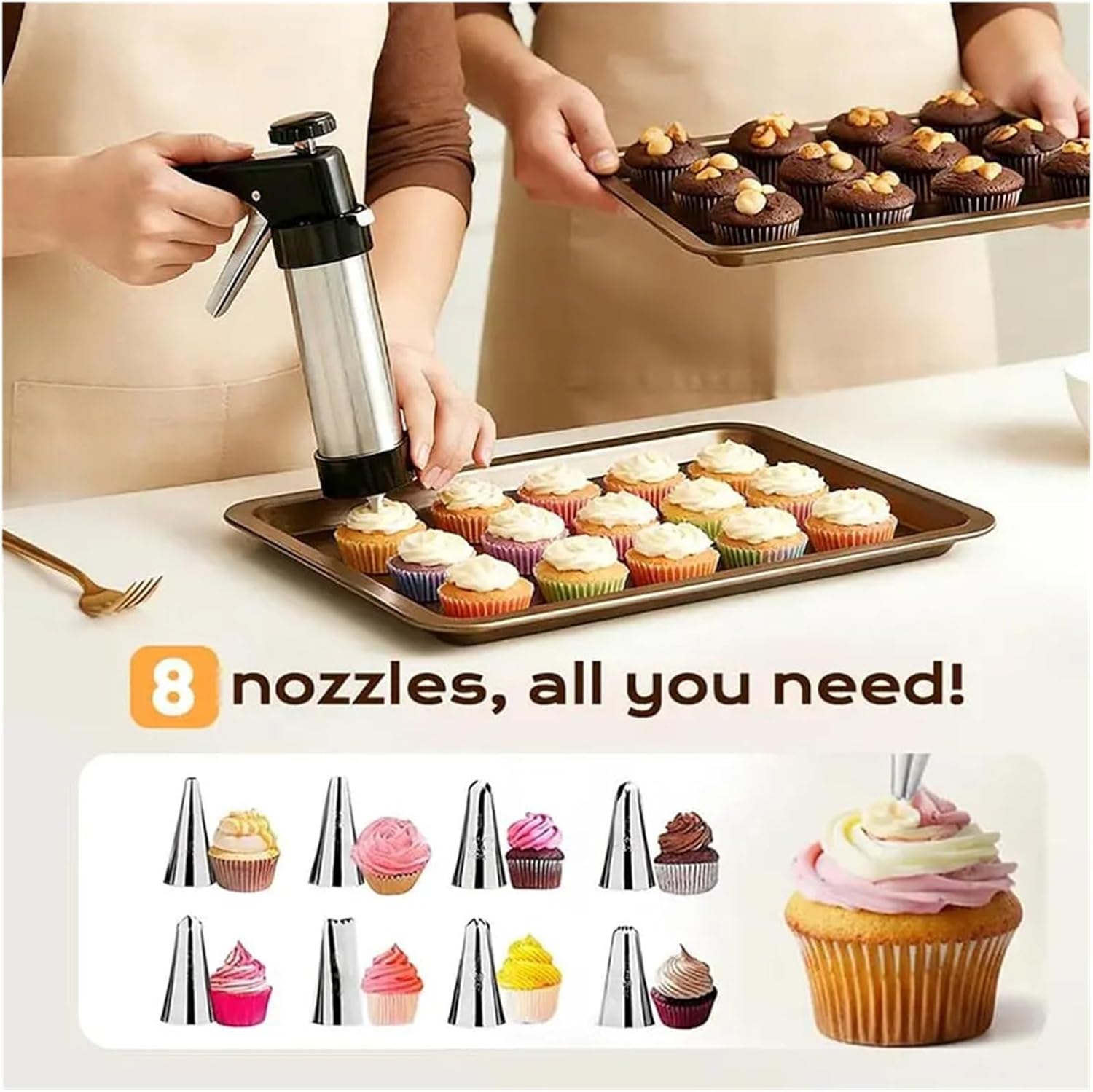Cookie Press Stainless Steel Cookie Press Gun Kit With 13 Cookie Discs+8 Icing Nozzles For Making And Decorating Cookies