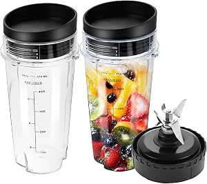 16oz Blender Cups with Lids 6 Fins Extractor Blade Replacement for Ninja | Blender Single Serve 16oz Cups, Compatible with Nurti Ninja Blenders BL660 BL663 BL663CO BL665Q BL740 BL770
