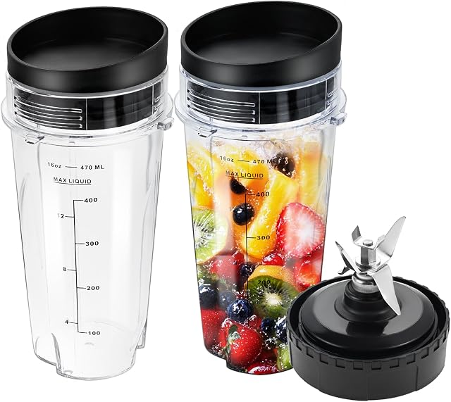 16oz Coupes de mélange avec des lids 6 Remplacement de la lame d'extraction de Fins pour Ninja 16oz Gobelets compatibles avec les mélangeurs Nurti Ninja BL660 BL663 BL663CO BL665Q BL740 BL770