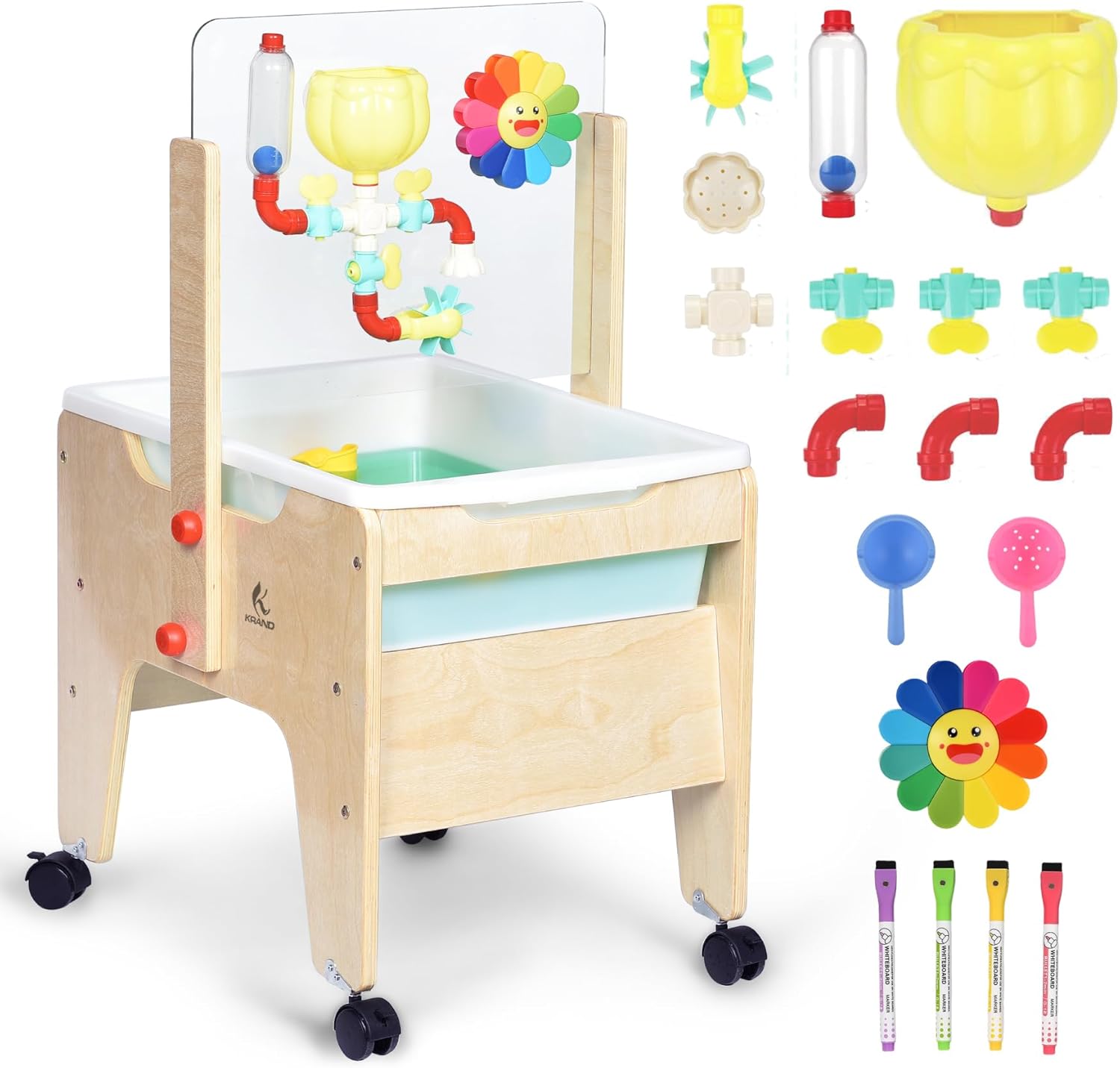 Kids Water & Sand Sensory Table, Toddlers Outdoor Activity Table with Lockable Casters & Transparent Plexiglass Overlay for Doodling & Water Toys Adhesion