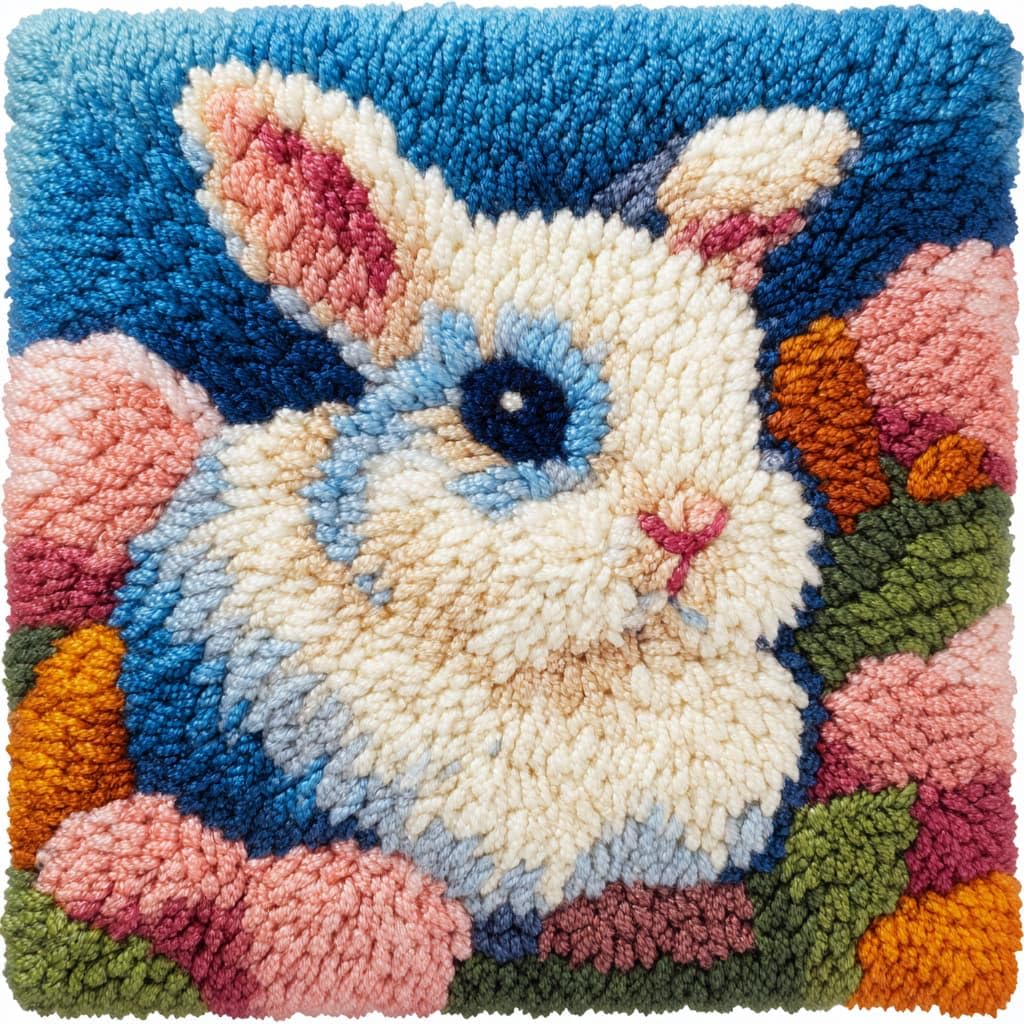 Taxpy Latch Hook Kits, Rabbits and Flowers Cushion Craft Kits Pillow Cover Making Crochet Pre Printed Canvas Needlework Latch Hook Cushion Cover Kits,43x43cm